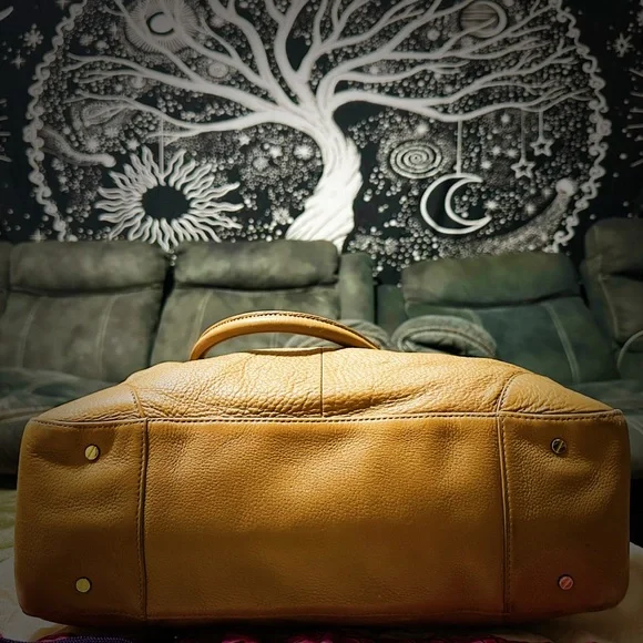 Tory Burch Tan Leather Tote with orange gold cherry keychain Charm - Picture 16 of 17